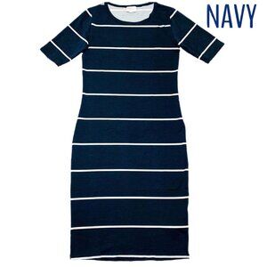 NEW LuLaRoe Julia Pencil Dress L Navy White Striped Slim Fitted Knee Length NWT